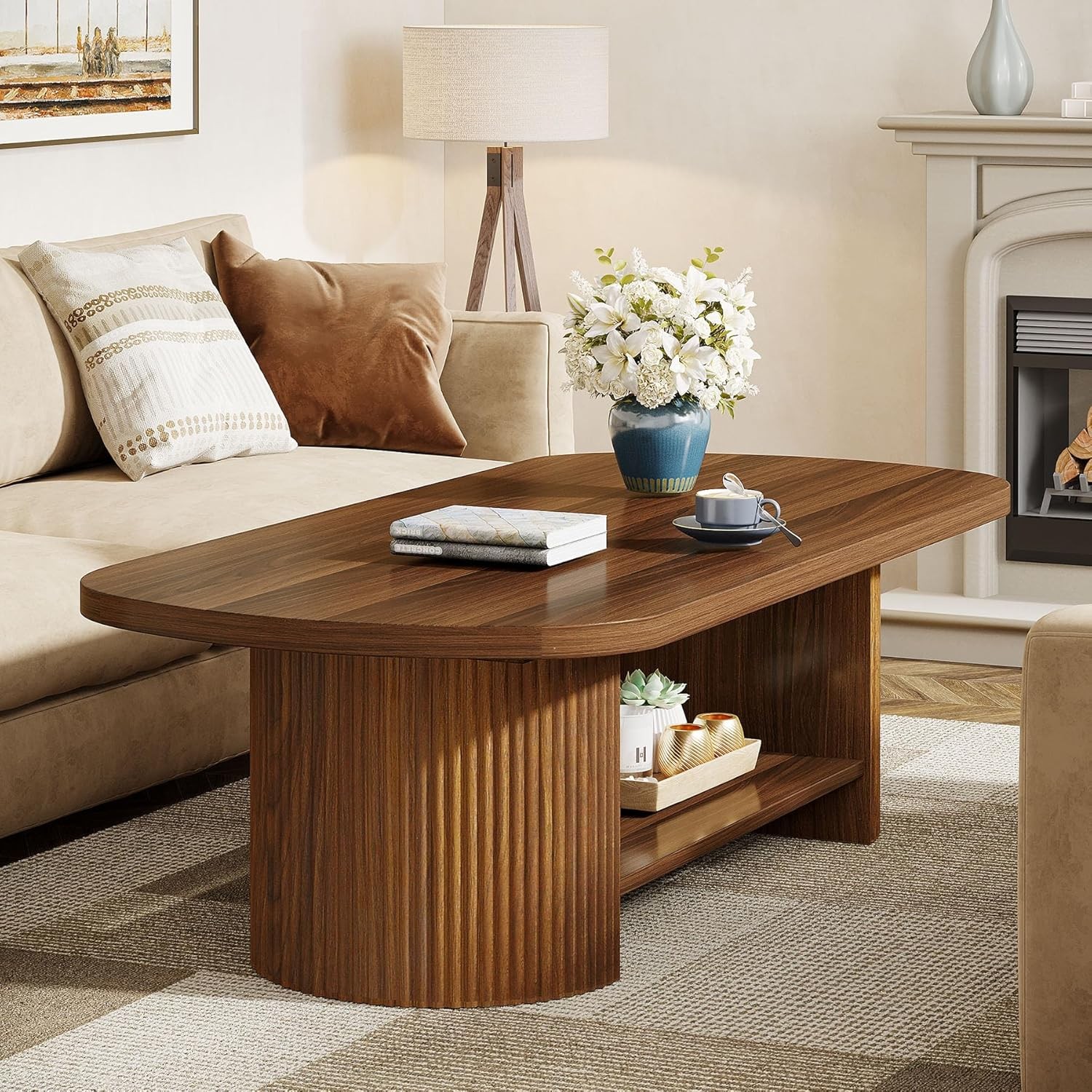 115CM Wood Oval Coffee Table, Mid-Century 2-Tier Coffee Table with Storage Shelf