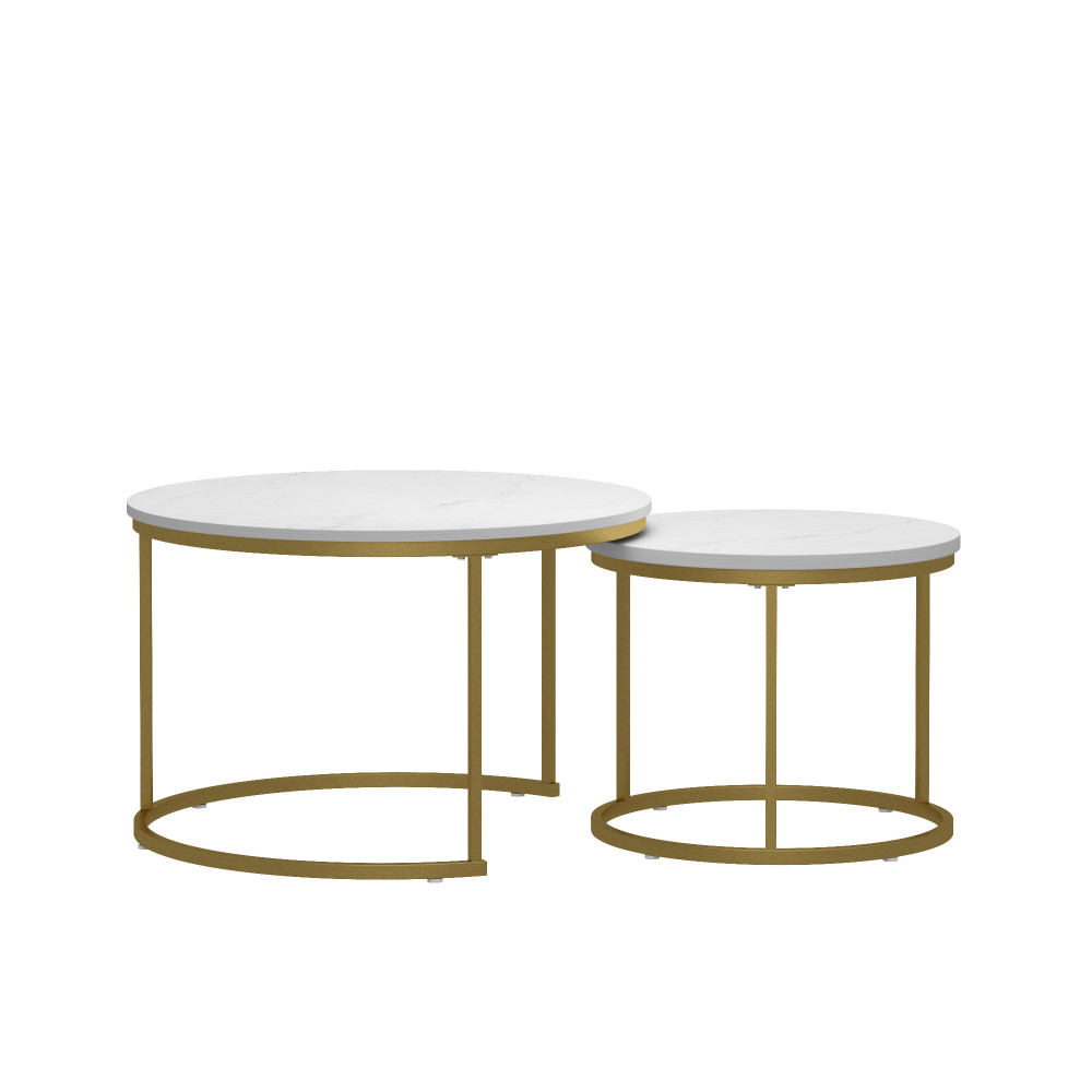 Nesting Coffee Table Set of 2, Round Marble Top with Metal Frame, White