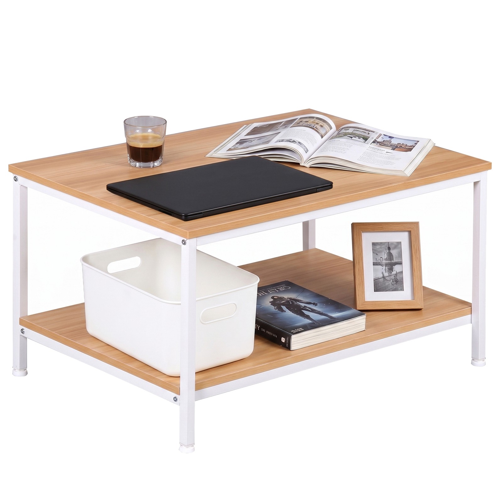 31″ Natural Wood Coffee Table Rectangular Coffee Table w/Storage Shelf Durable