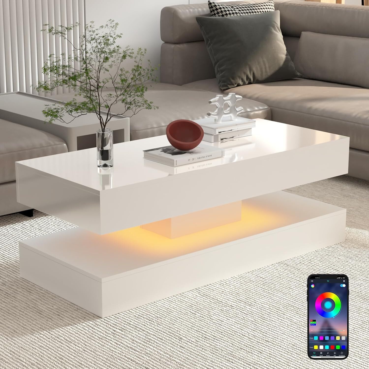47.3″ Modern High Glossy LED Coffee Table with 2 Storage Drawers, APP LED Lights