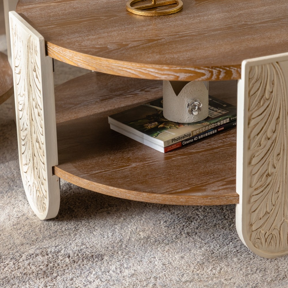 Carved Wooden Coffee Table, Retro End Table with Double-Layer Storage