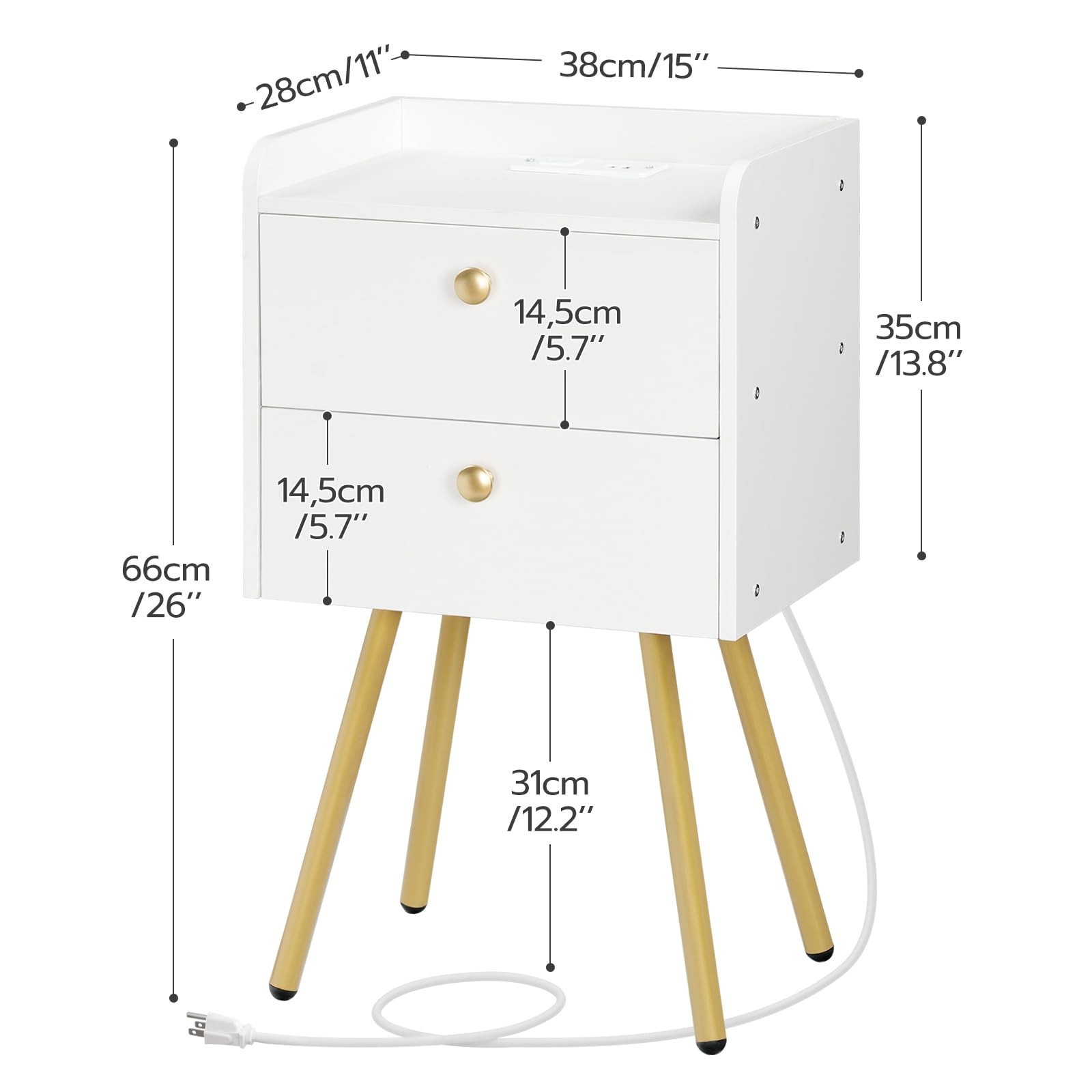 White Nightstand with Charging Station, Modern End Table with 2 Drawers, Styl…