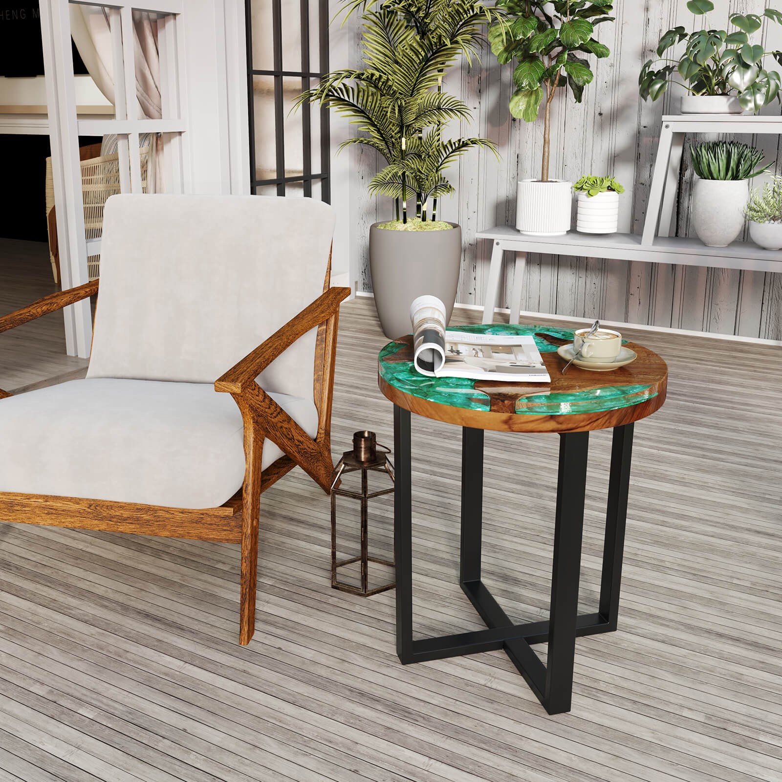 20″ Round Teak Wood End Table Solid Live Edge Outdoor Side Table w/Mahogany Base