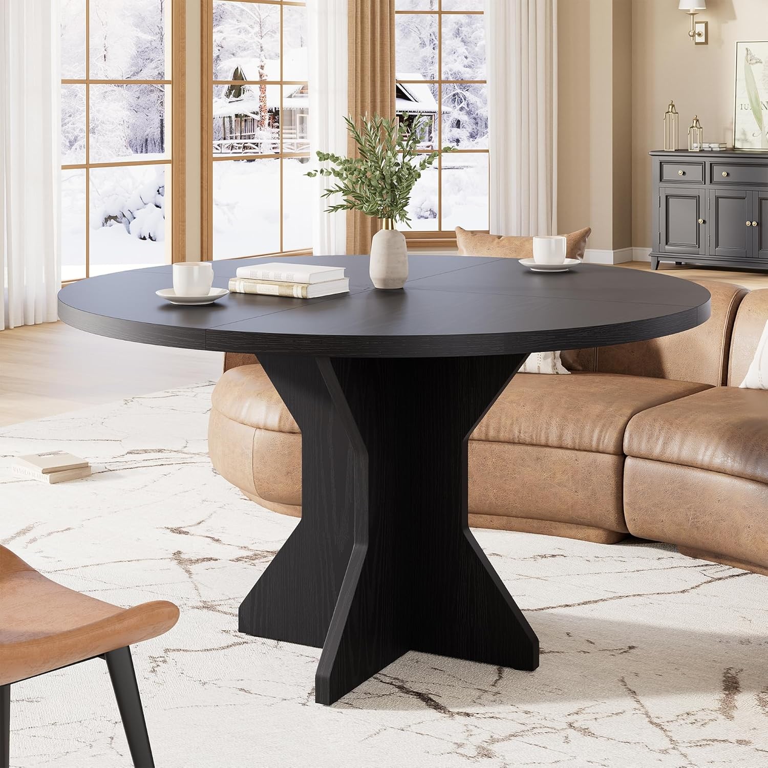 47In Round Dining Table Kitchen Table for 4 to 6 People with Wood Pedestal Base
