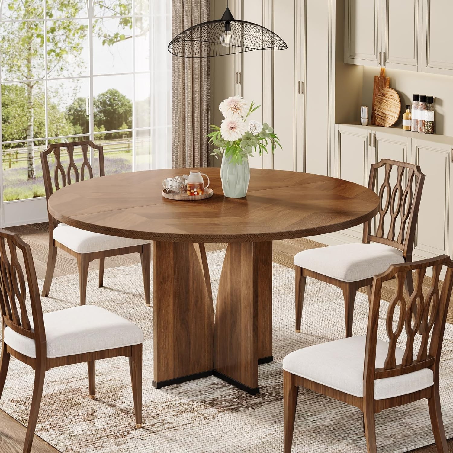 Round Dining Table, Farmhouse Kitchen Dinner Table with Wooden Tabletop and Legs