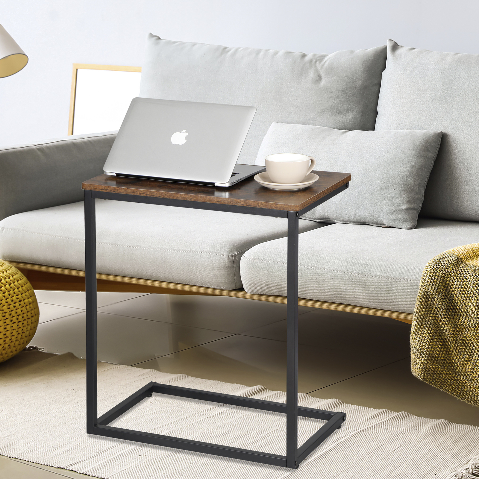 C-Shaped Side Table Couch Sofa End Table for TV Trays Living Room Rustic Brown