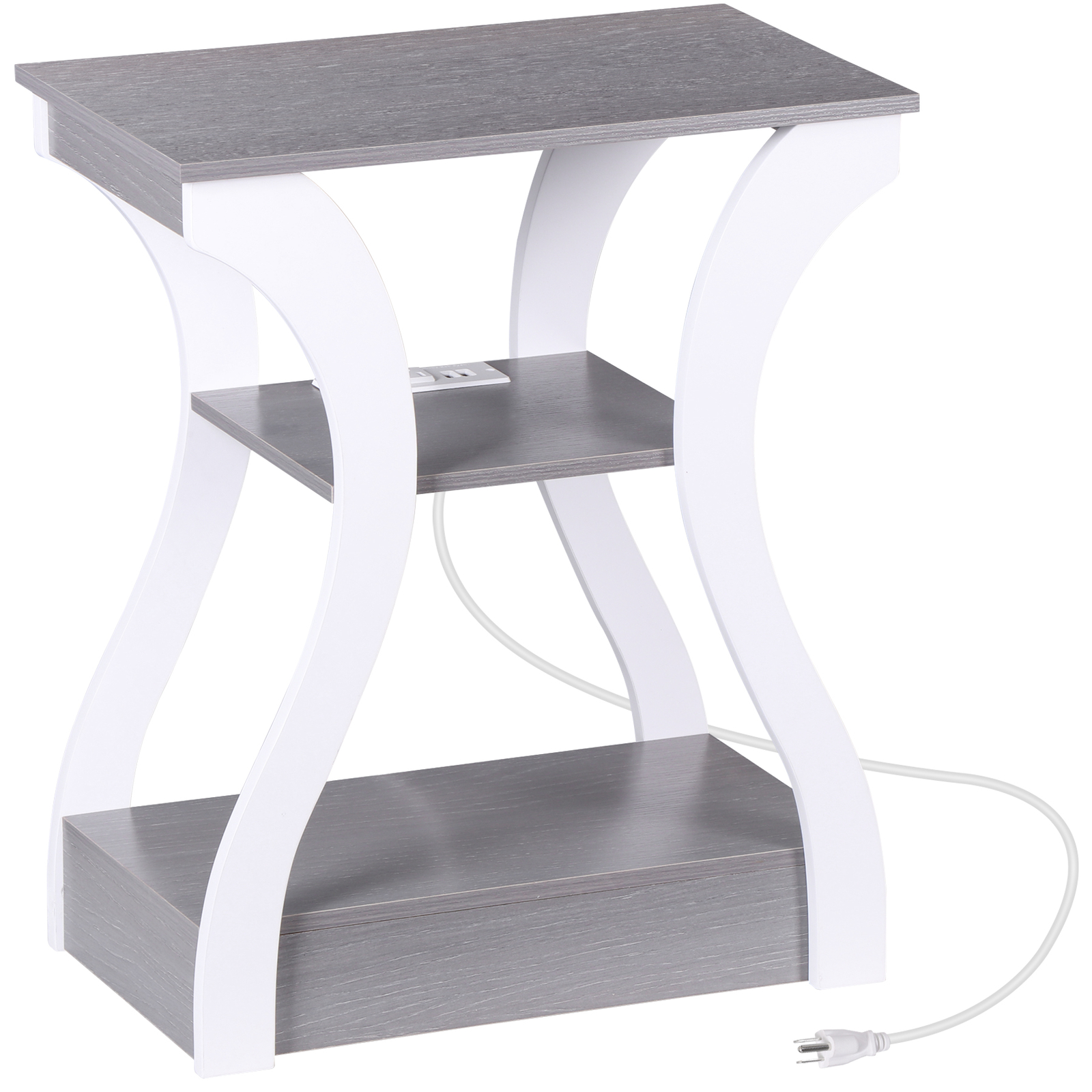 End Table Side Table 3-Tier Storage Shelf for Small Space with Outlet Grey+White