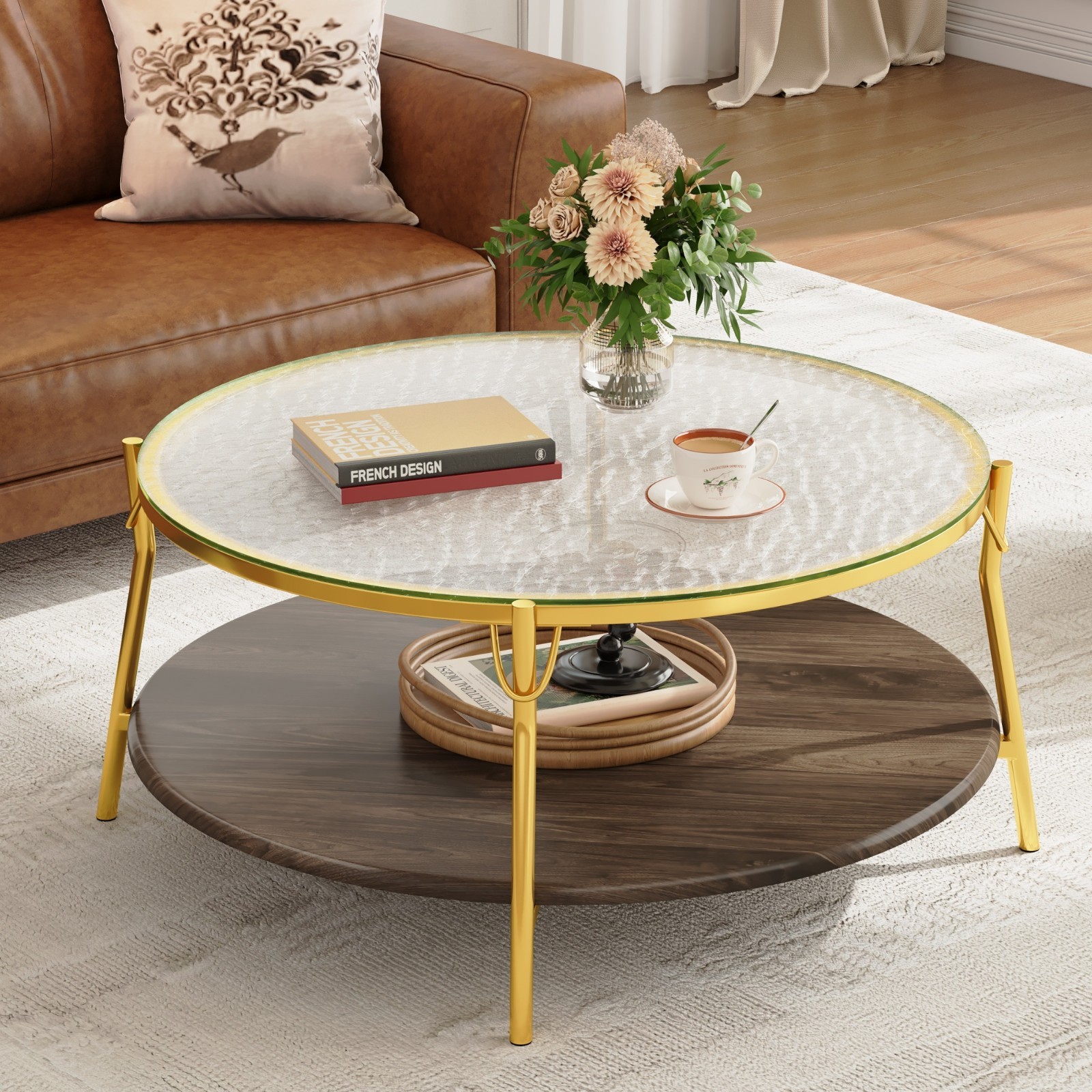 Modern Round Coffee Table Center Table w/ Tempered Glass Tabletop Gold Metal Leg
