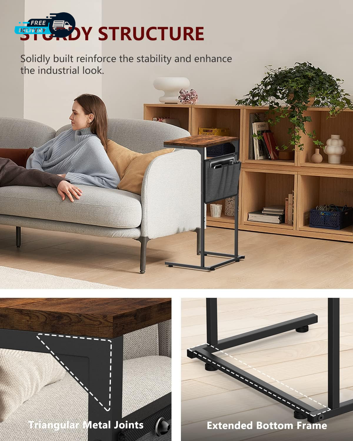 C Shaped End Table Small Side Table for Couch and Recliner Slide under Sofa
