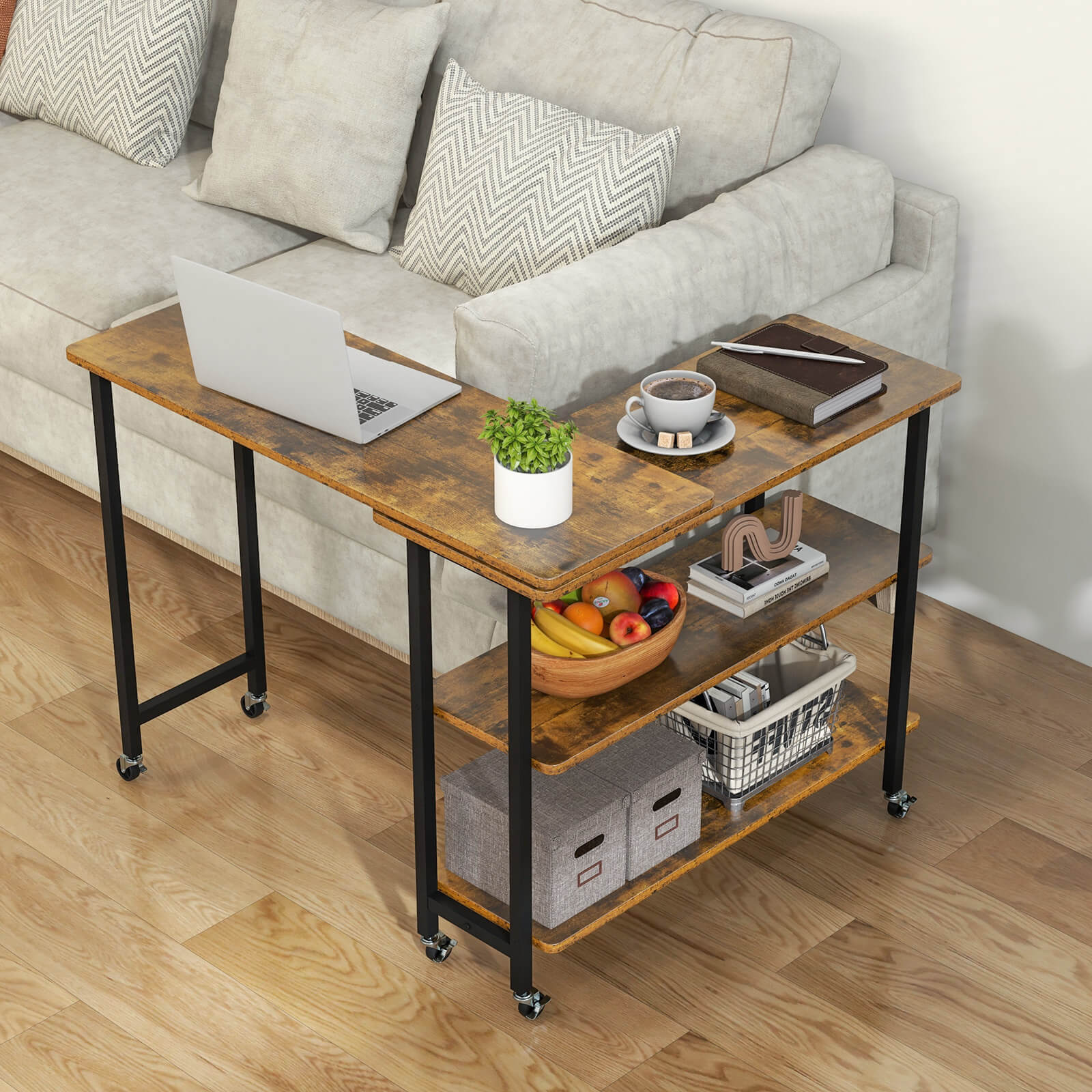 360° Rotatable Sofa Side Table L-shaped Laptop Desk Snack Table w/Shelf Patented