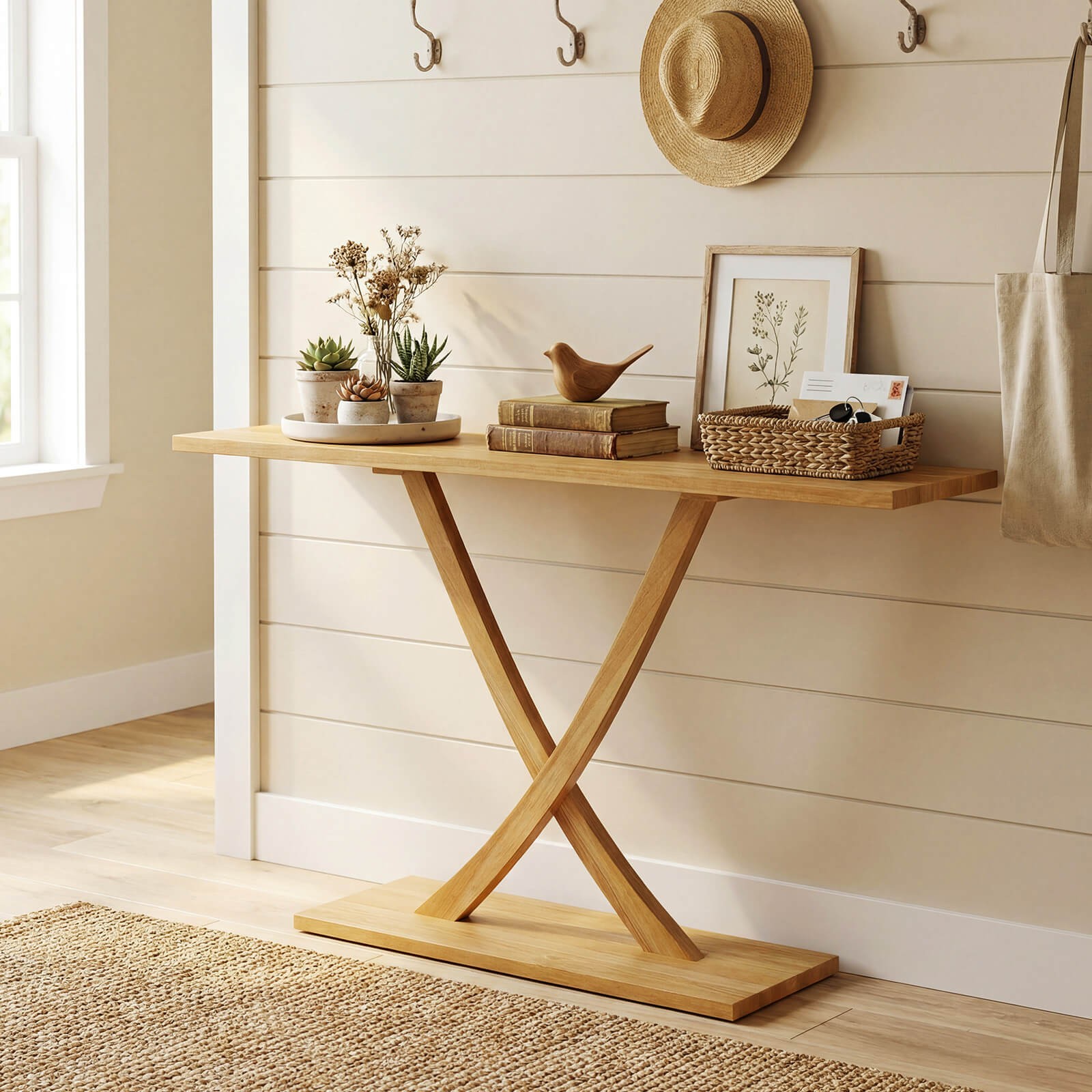 57″ Solid Wood Console Table, Narrow Farmhouse Sofa Table w/ Teak Wood Frame
