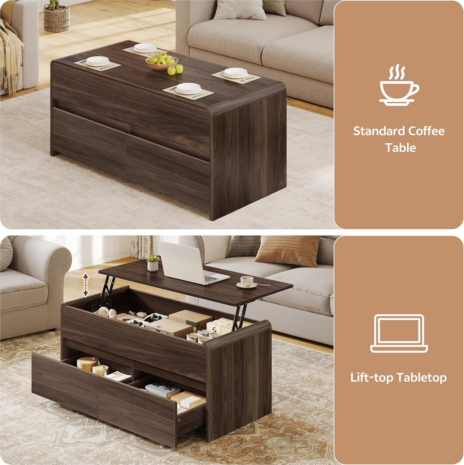 Lift Top Coffee Table with Storage Drawers – Walnut, 39In for Small Spaces