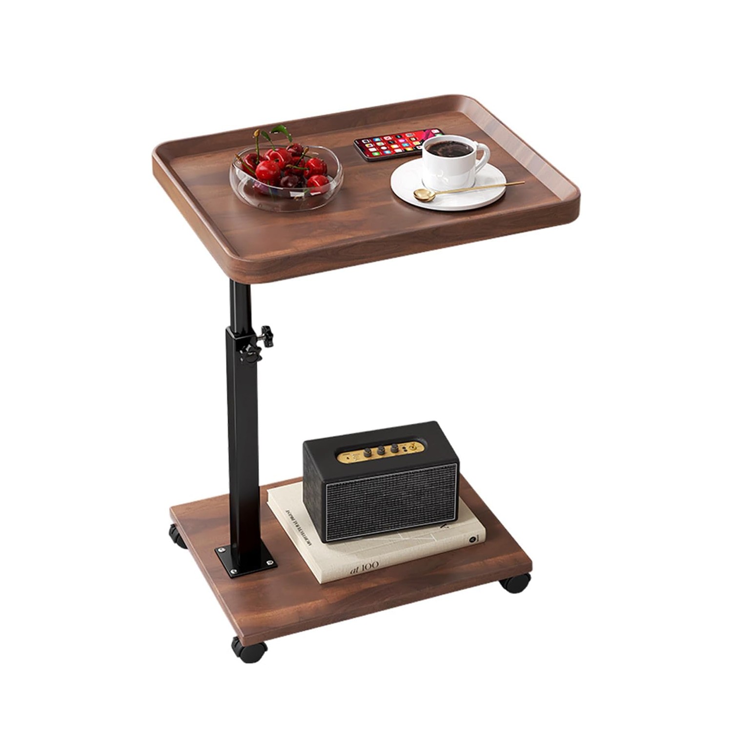 C-Shape End Table Adjustable Height Swivel TV Tray Tables, Sofa Table w/ Wheels