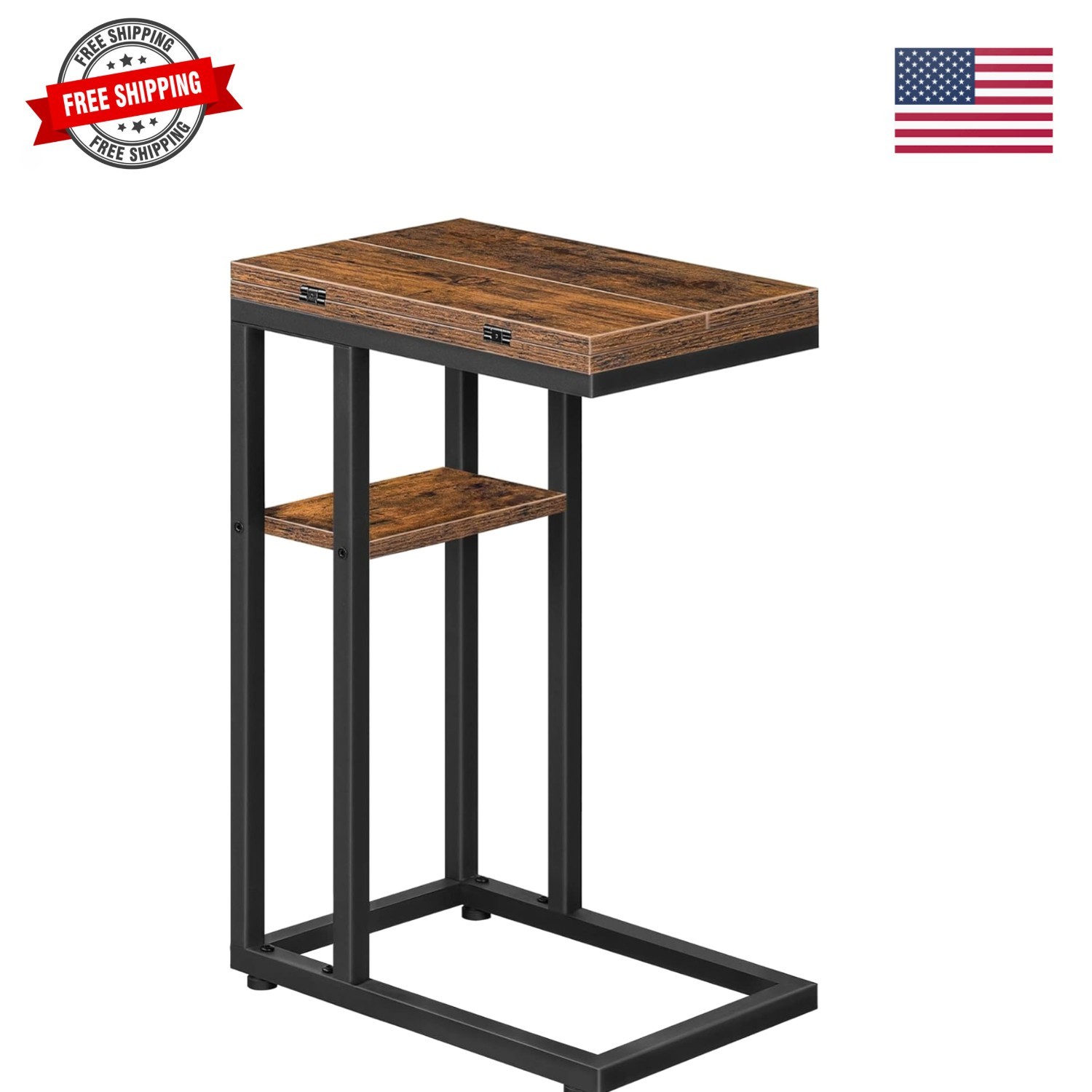 Foldable C Shaped End Table, C Shaped Side Table with Storage Shelf, Small Sn…
