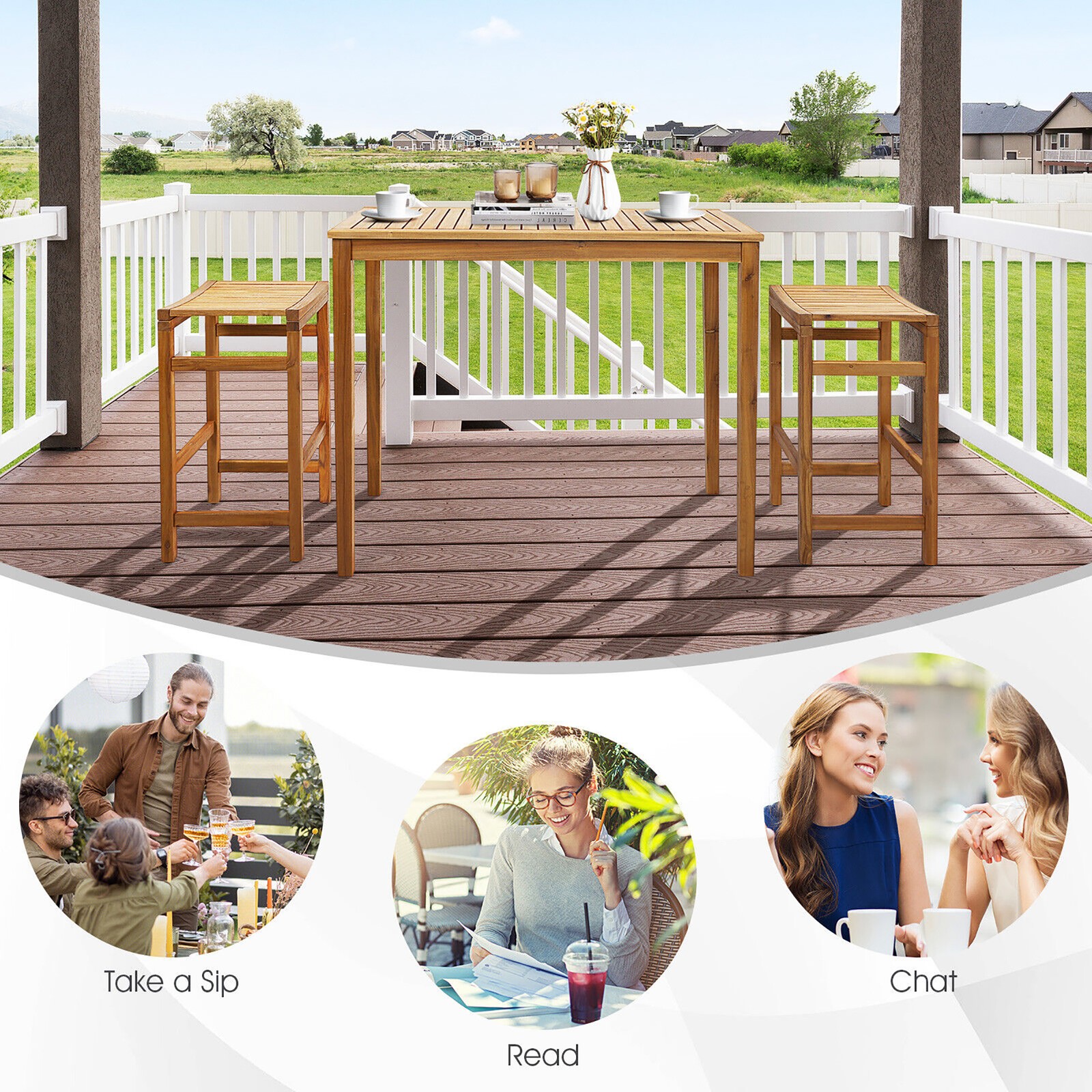 45″ Rectangular Bar Height Dining Table Outdoor Acacia Wood Bar Table Teak