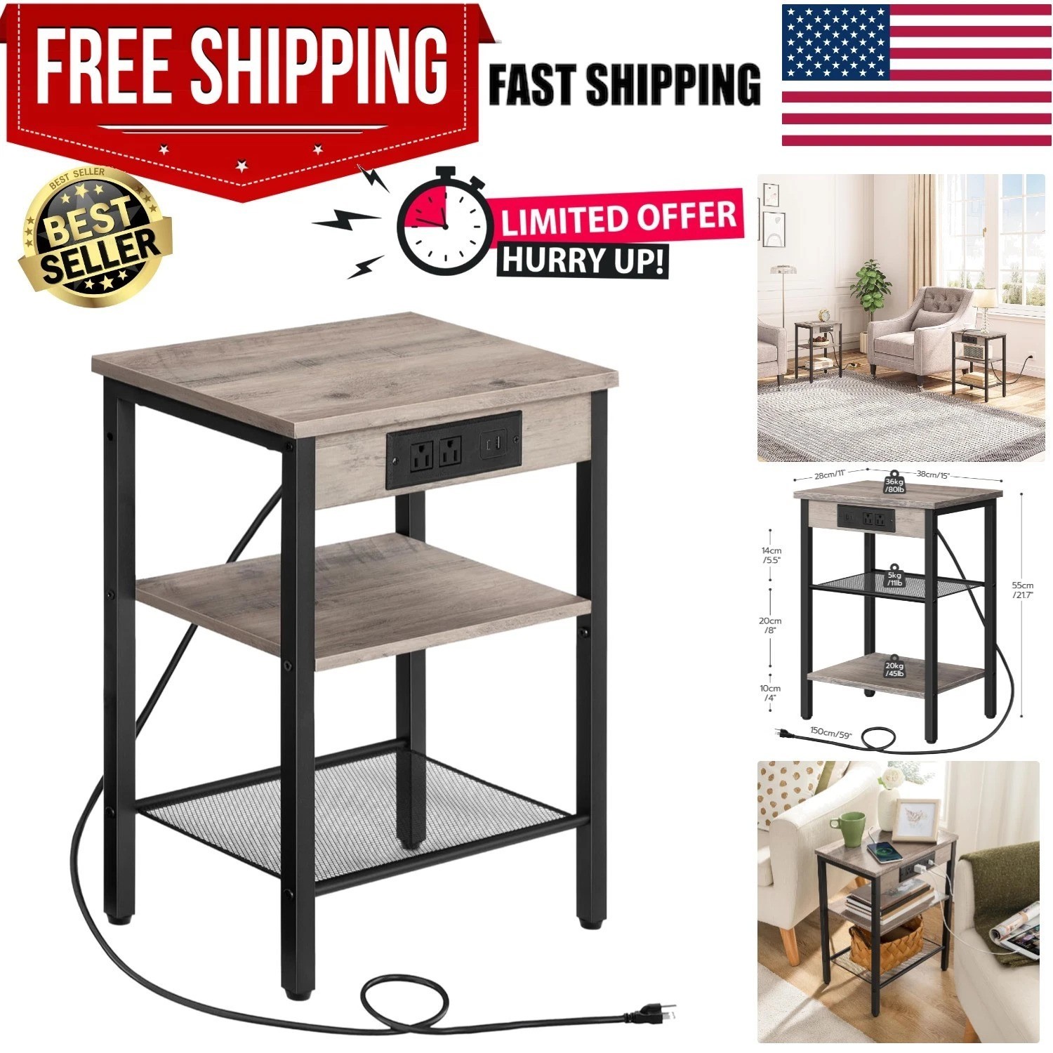 Sleek Industrial Nightstand with USB Ports & Easy Assembly – Ideal for Any Room
