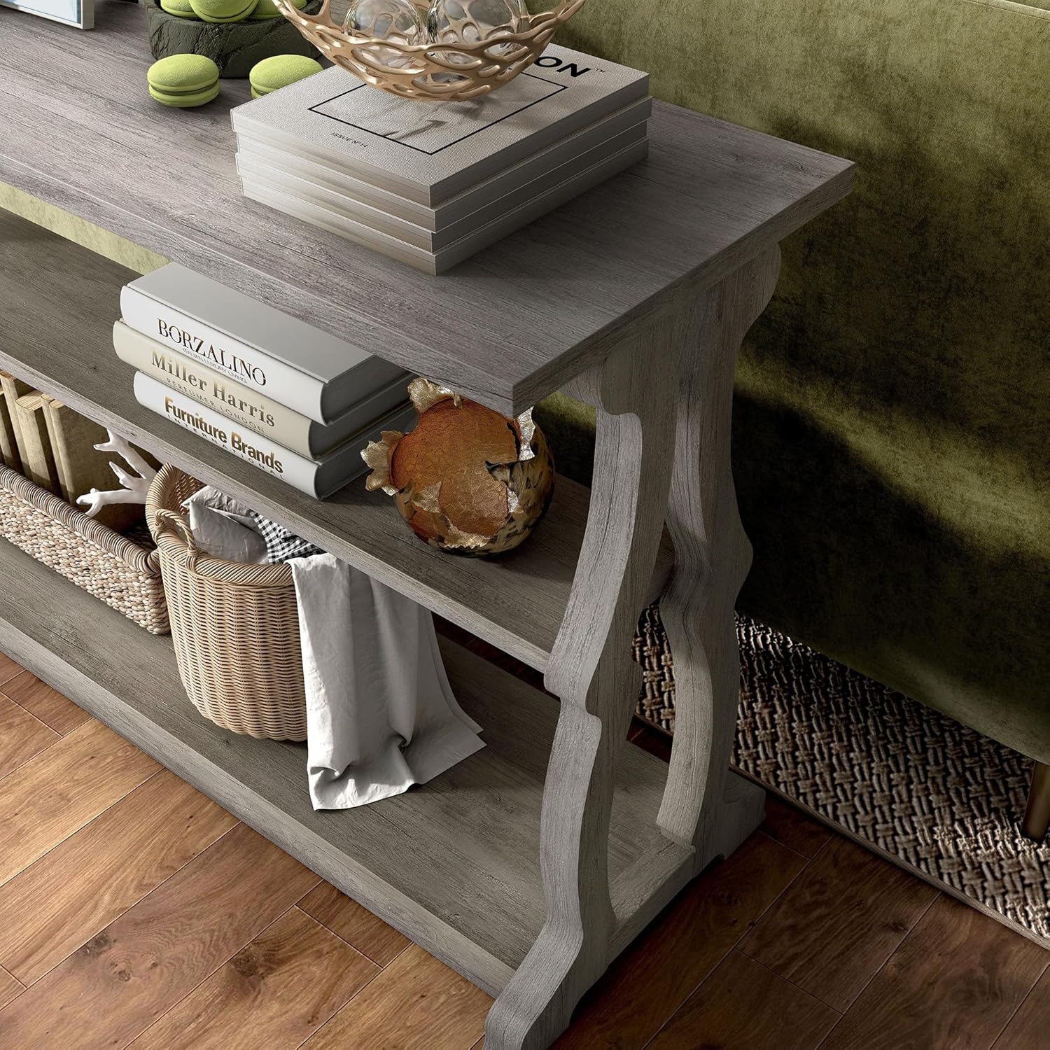 Vintage Gray Oak 48″ Wood Console Table with 2 Open Shelves for Any Room
