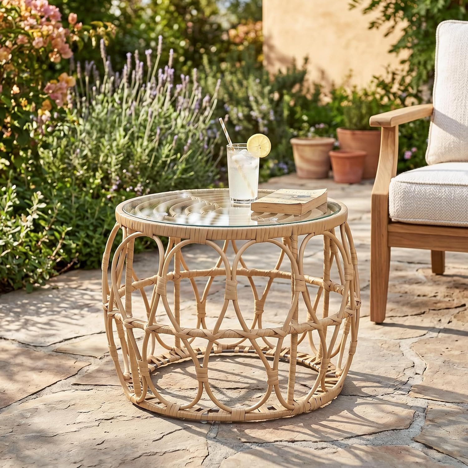 Ysar Boho Rattan round Coffee Table Outdoor with 5Mm Tempered Glass Top, All-Wea