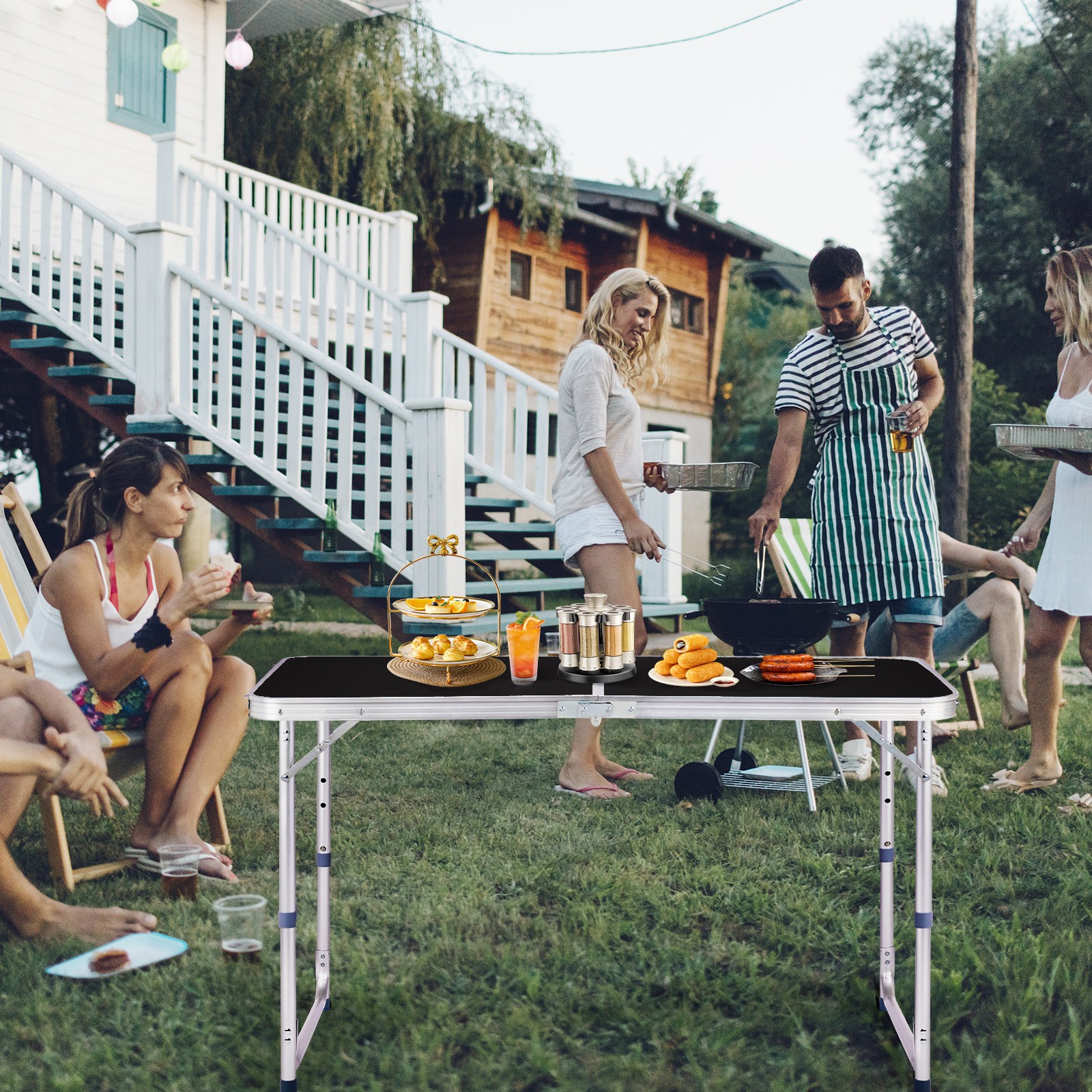 4FT Dining Portable Aluminum Folding Black Table Perfect for InOutdoor Parties