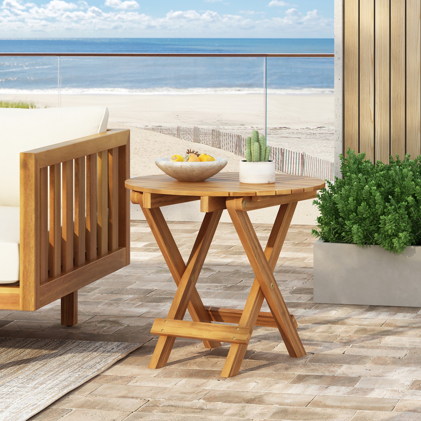 Folding Adjustable Acacia Wood Side Table Teak Finish 17.75-27.6″
