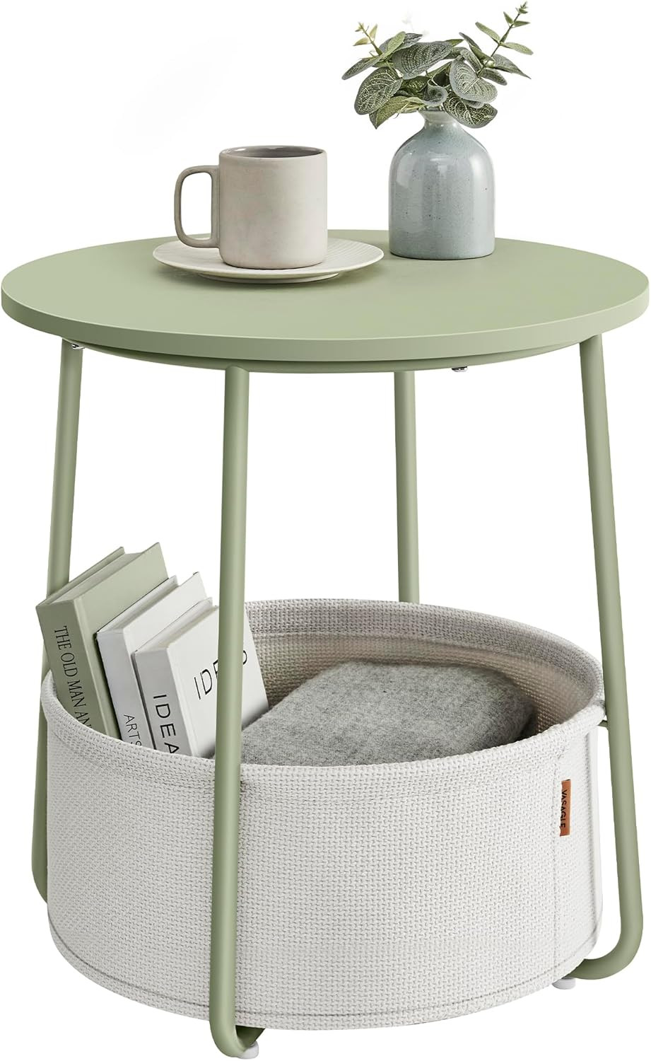 LILEA Collection – Small round Side End Table, Modern Nightstand with Fabric Bas