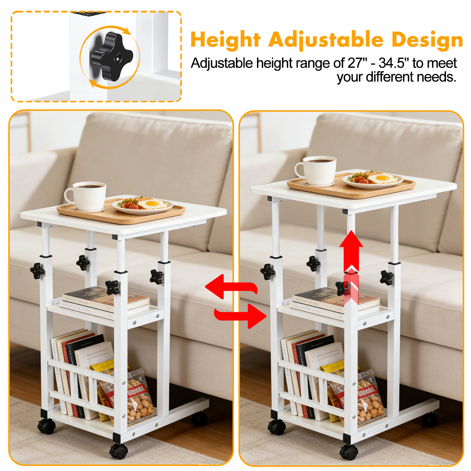 Modern Overbed Table Height Adjustable Bed Side Table Rolling Sofa End Table