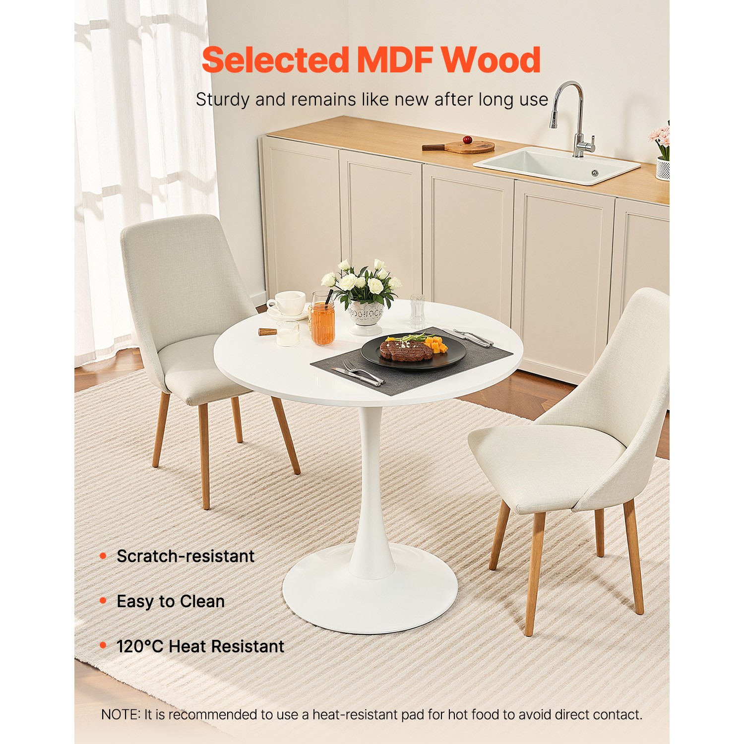 32 in Round Dining Table Wood Kitchen Table for 2-4 Person White (Only Table)