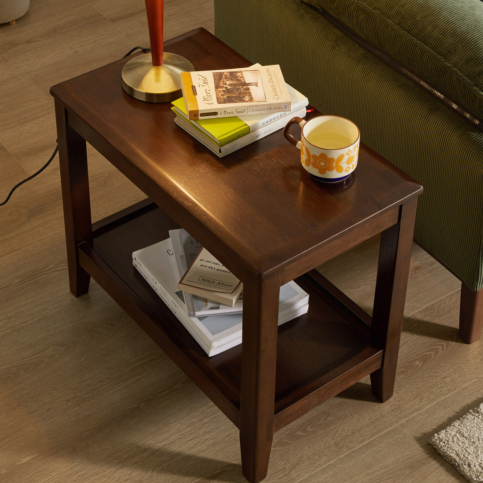 2-Tier Sofa Table End Table Shelf for Living Room Rubber Wood Indoor Plant Stand