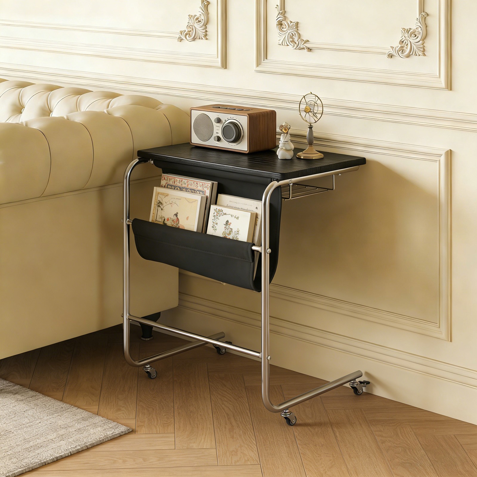 Sofa Side Table,Black C-Shaped End Table with Universal Wheels,cafes End Table