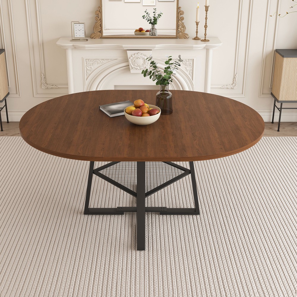 Round Dining Table with Storage Function Extendable with Metal Frame