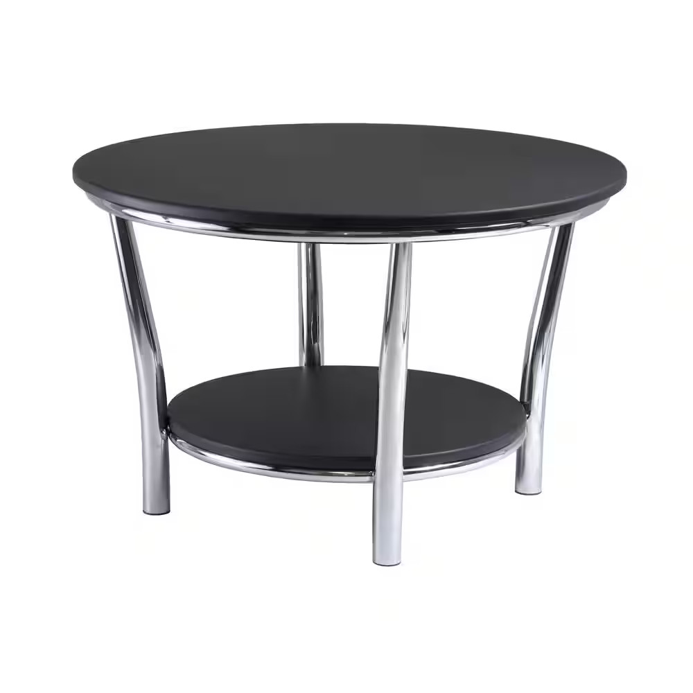 Maya 30 In. Black/Silver Medium round Wood Coffee Table with Shelf