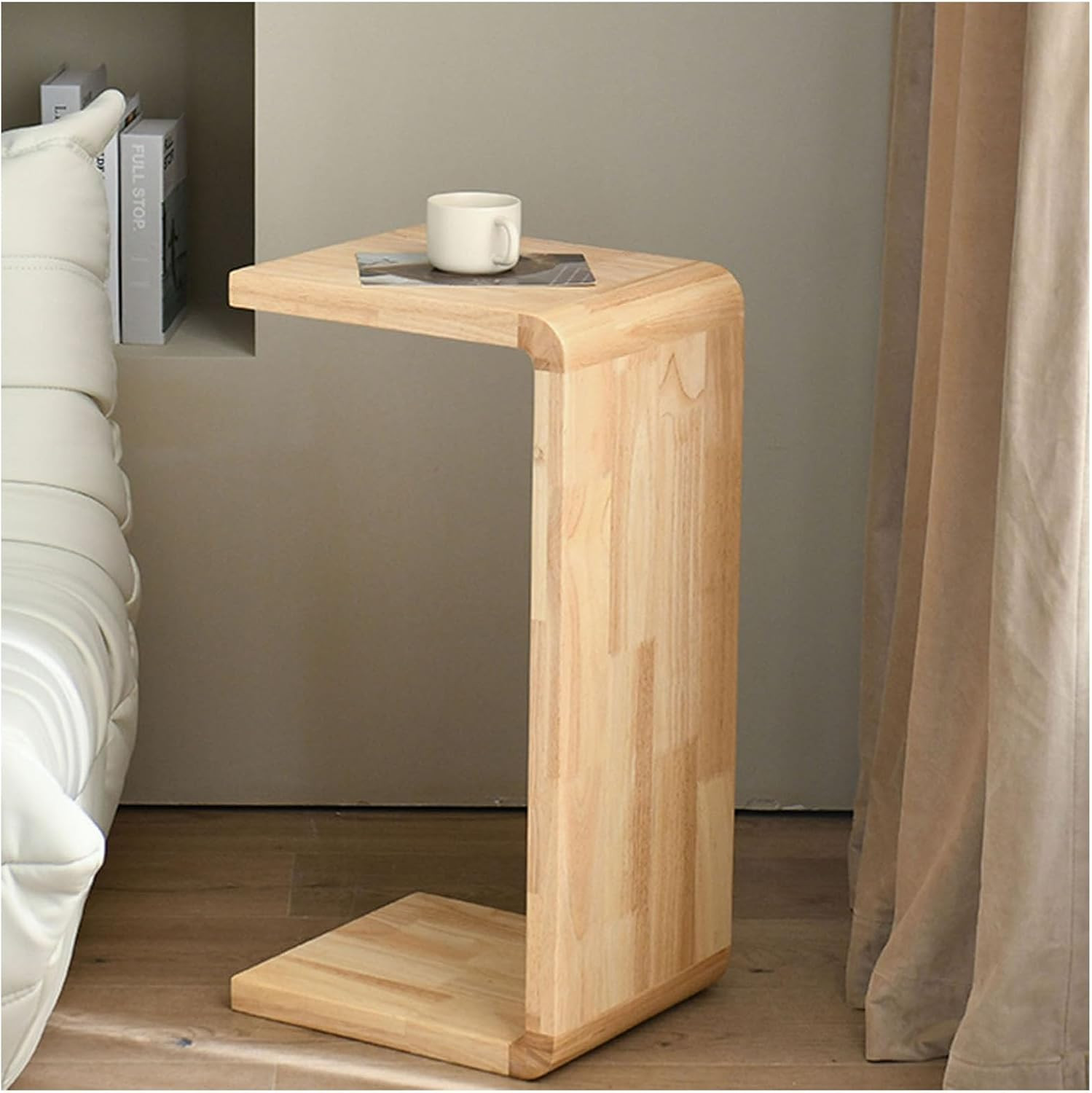 C Shaped Solid Wood End Table – Space-Saving Snack Table for Any Room