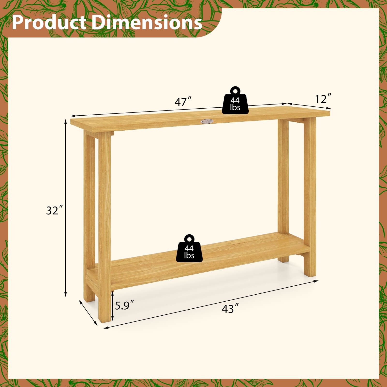 47″Solid Wood Console Table,2-Tier Narrow Farmhouse Sofa Table w/Teak Wood Frame