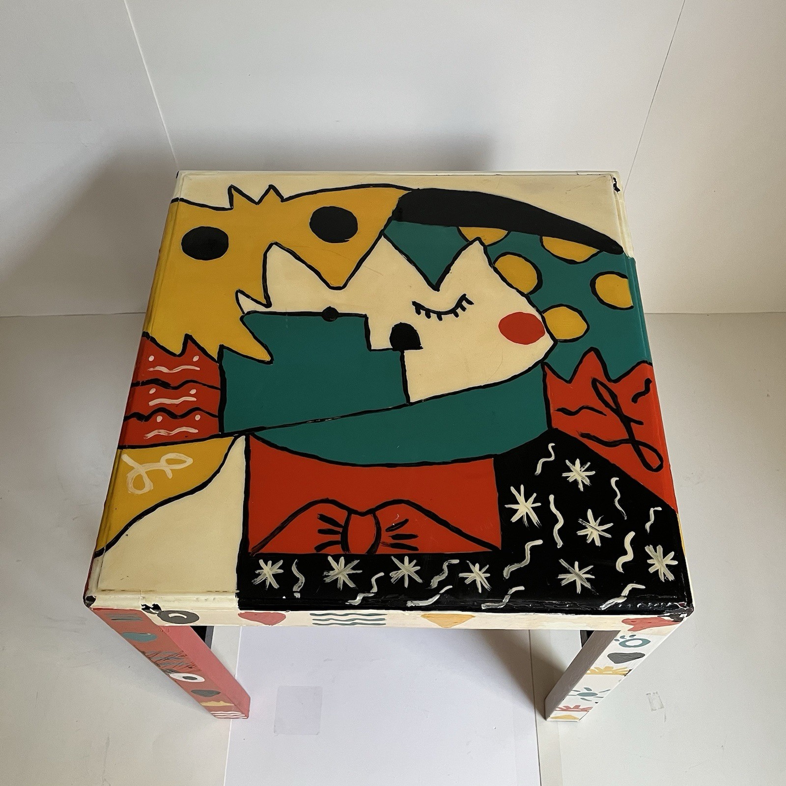 Hand-Painted Colorful Folk Art Design Side Table End Table Decor