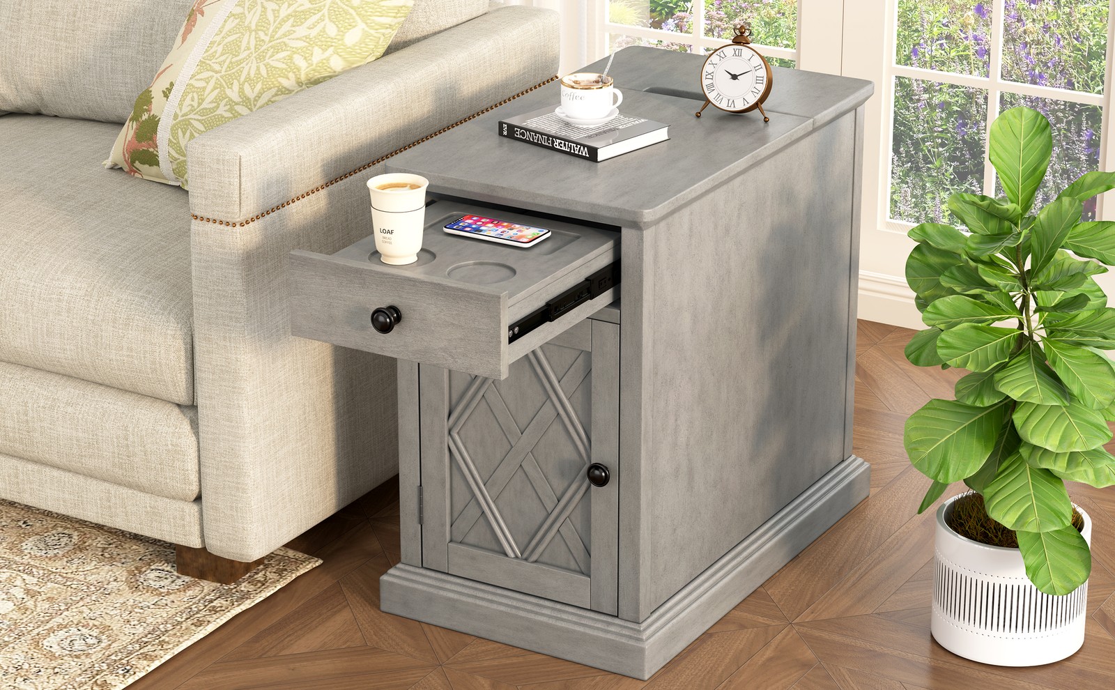Classic Charging End Table with USB Ports & Storage Antique Gray