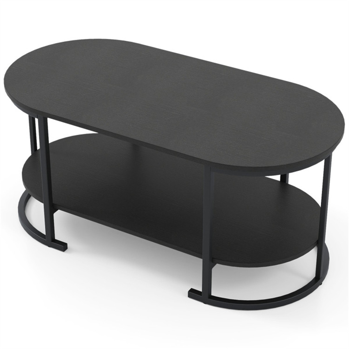 2-Tier Coffee Table with Metal Frame Robot Vacuum Friendly Accent Table Black