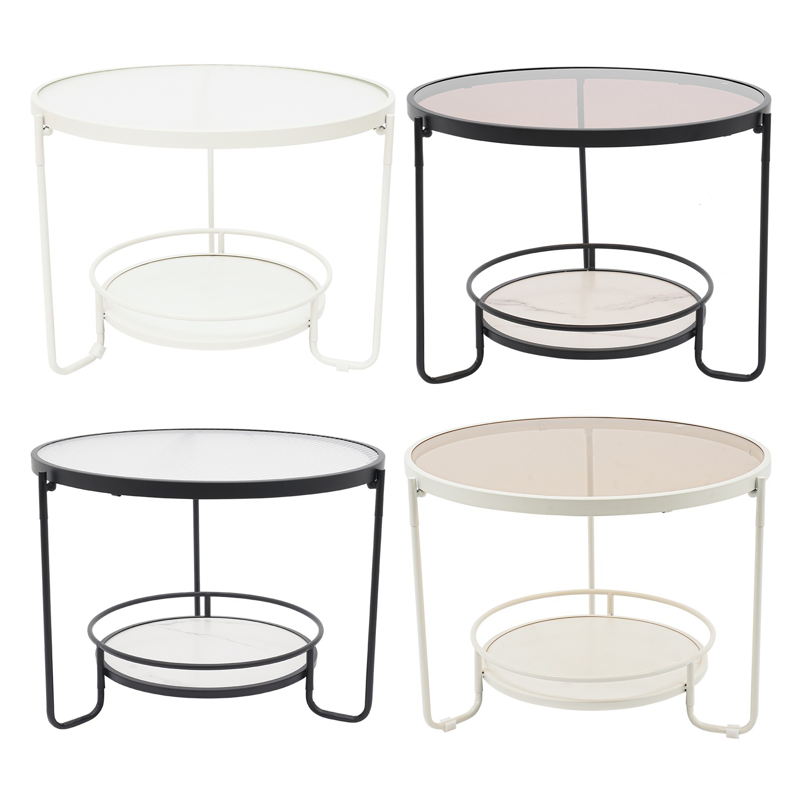 Modern Round 2-Tier Side Table – Black/White& Teal/Clear, Tempered Glass 60/40cm