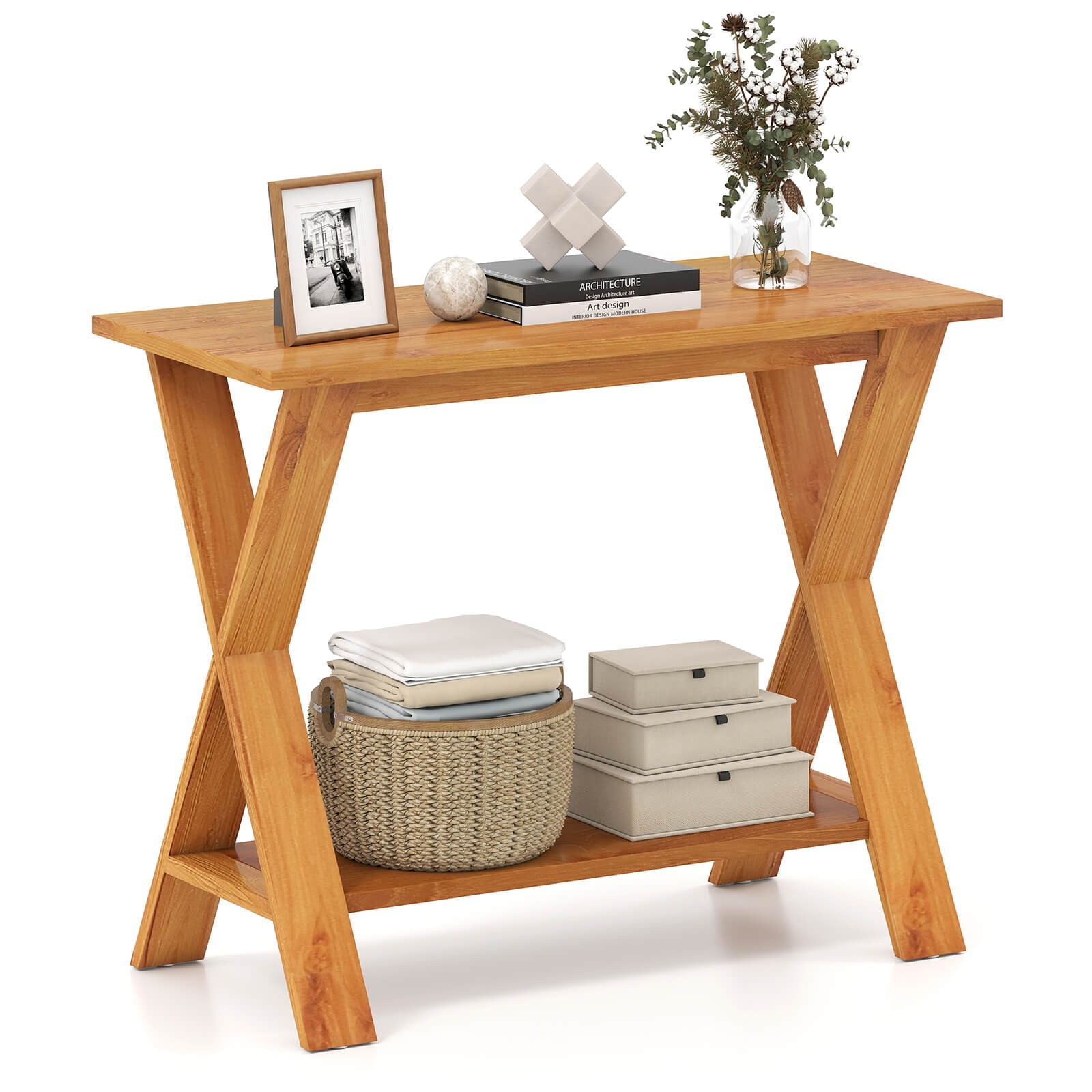 35.5-Inch Long Entryway Table with Storage Shelf Solid Teak Wood Console Table