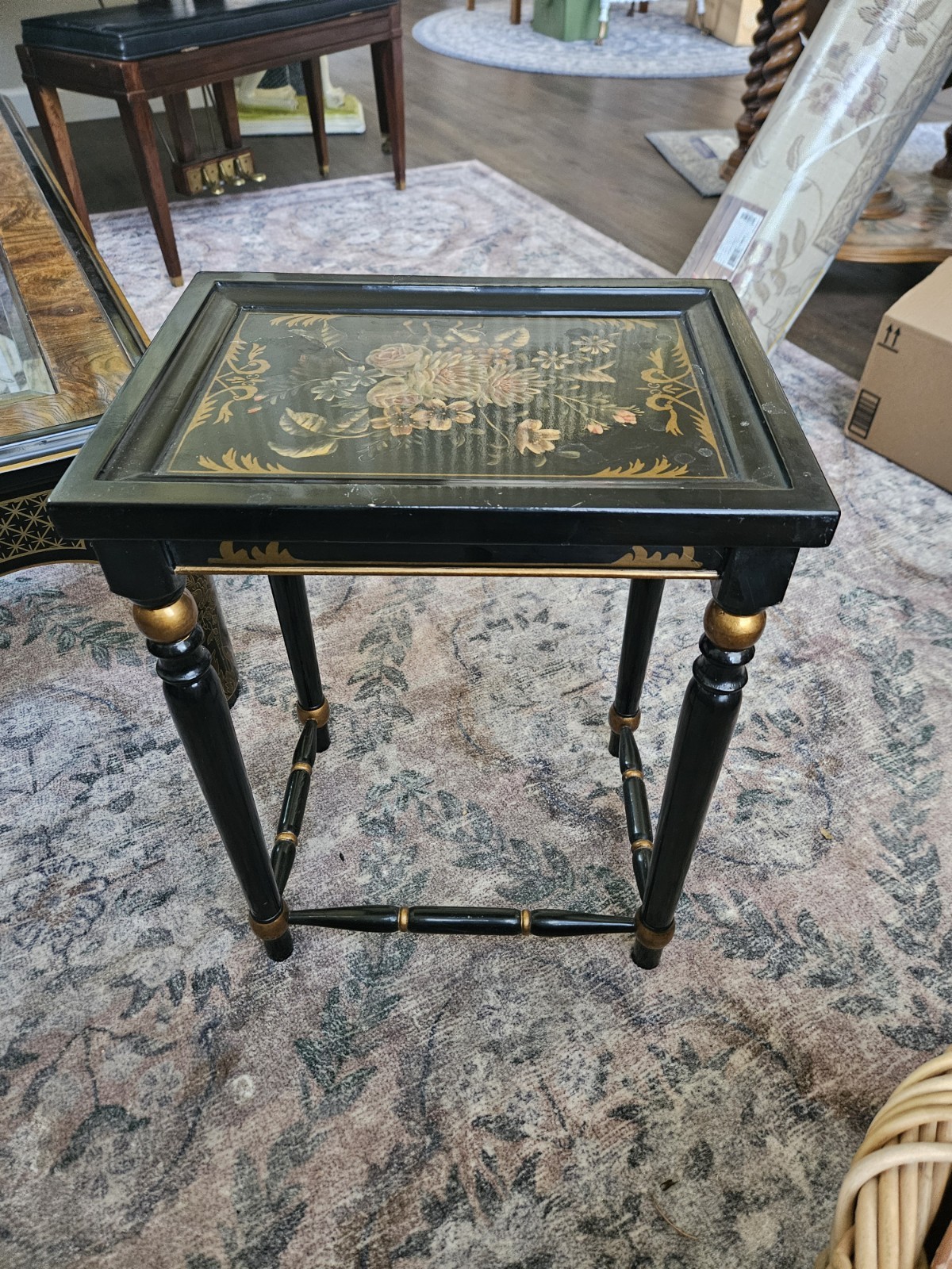 Black & Gold Floral Painted Wood Rectangular End Side Table 21x16x12