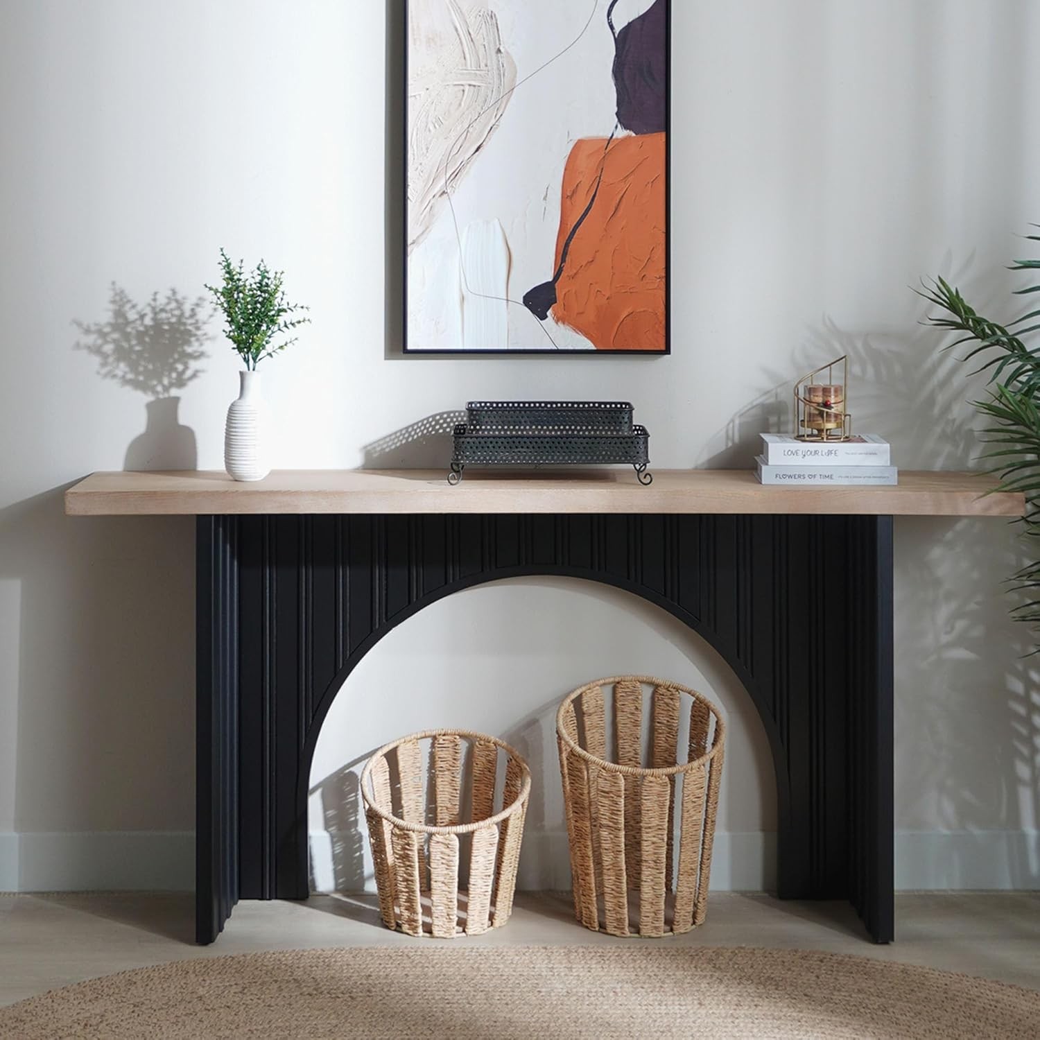 66″ Modern Minimalist Console Table – Black Arch Base with Natural Wood Top