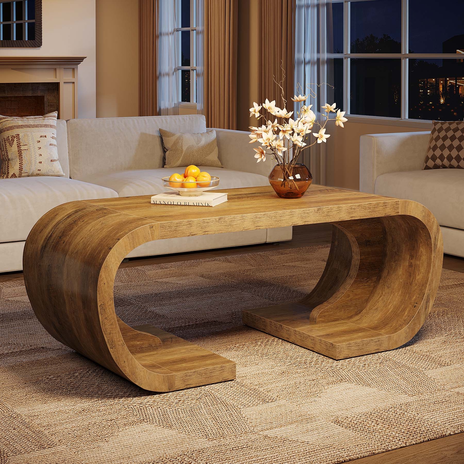 Tribesigns Farmhouse Coffee Table 47″ Heavy Duty C-Shaped Center Table for Home