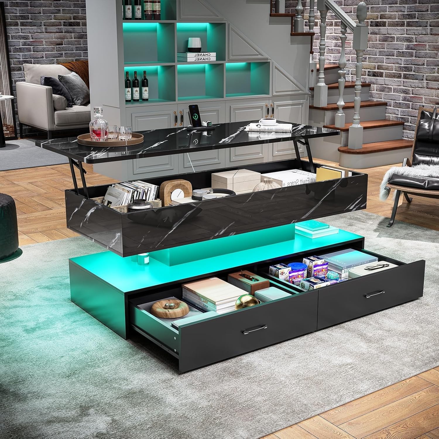 47.2″ Lift Top Coffee Table wih 2 Drawers & LED Light for Dining Reception Room