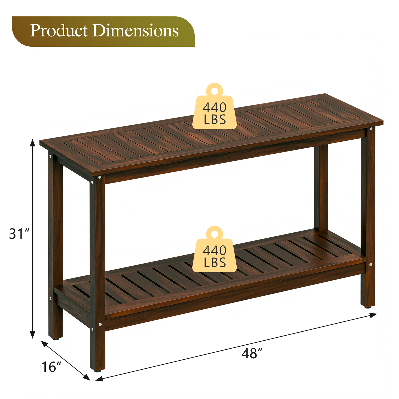 Outdoor Wooden Console Table with 2 Tier Shelf Patio Side Accent Table Coffee