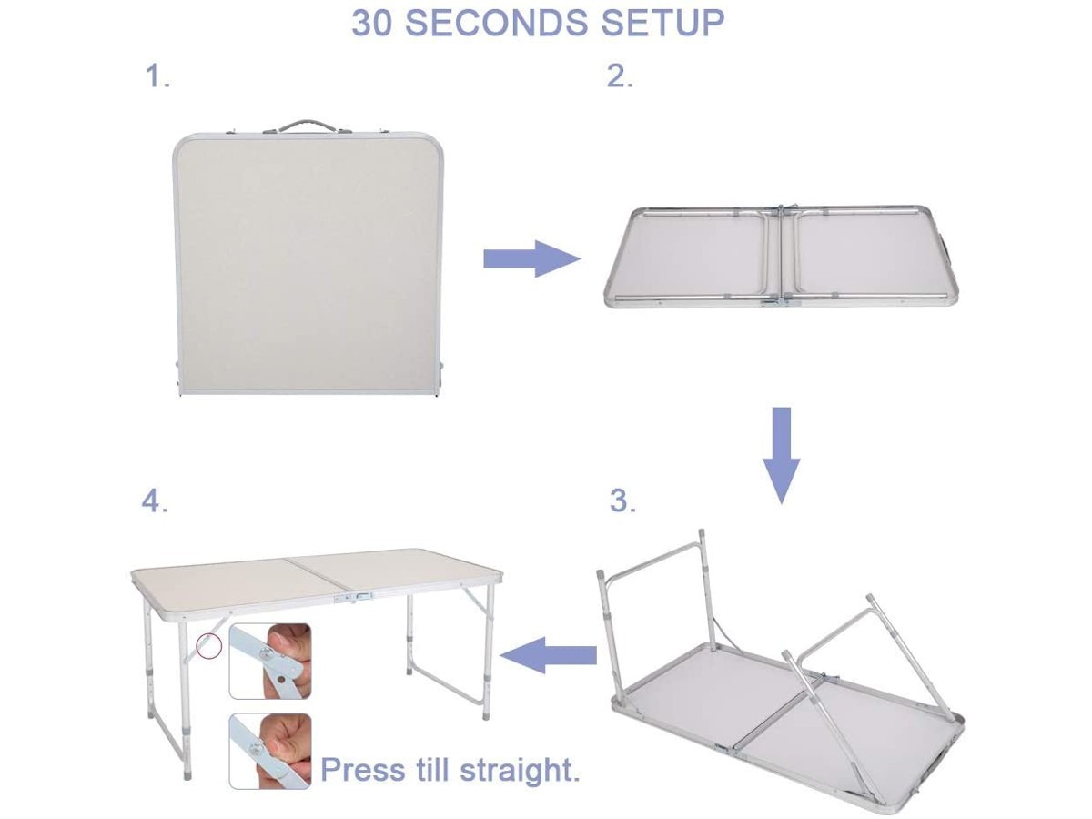 Folding Table 4ft Adjustable Height Portable Lightweight Aluminum Camping Table