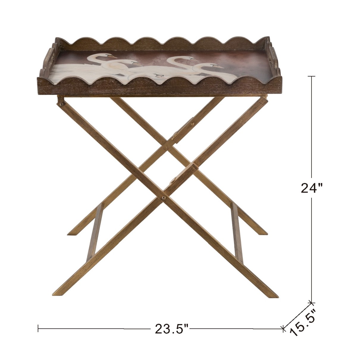 Brown MDF Tray Table with White Swan Motif Iron Base Rectangular Display Table