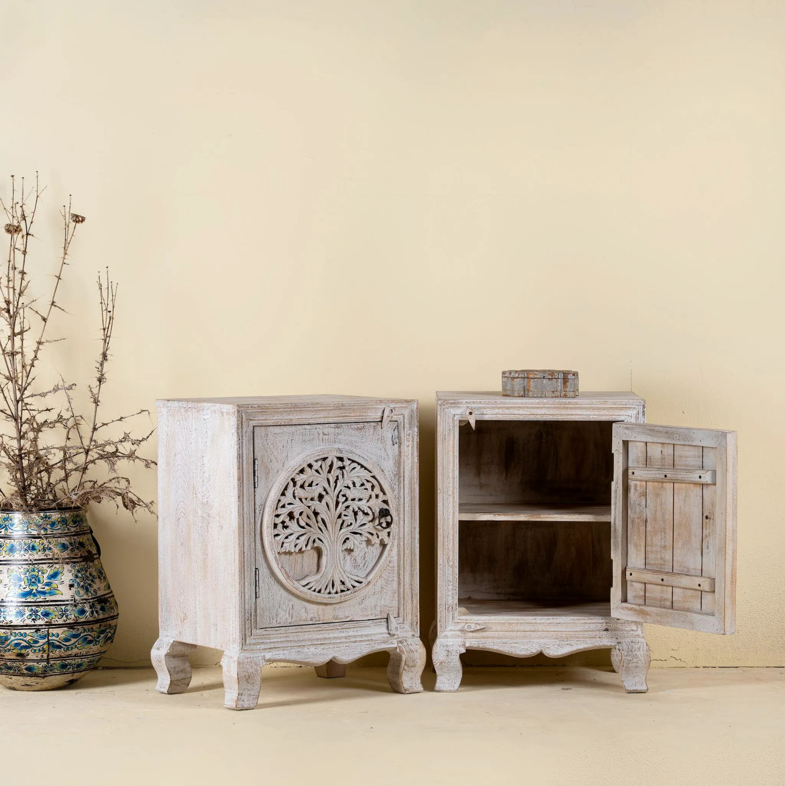 Artisan Handmade Bedside Table Solid Wood Hand Carved 19.7 × 15.7 × 27.6 inches