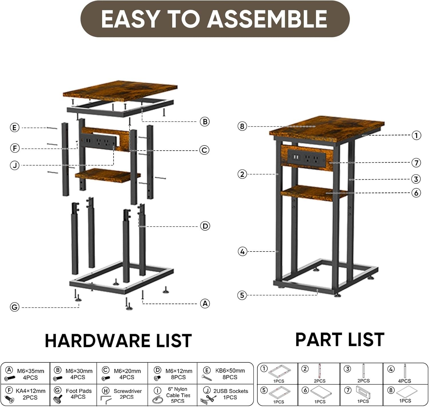 End Table with Charging Station and 2 USB Ports, C Table Storage Shelves, Couch