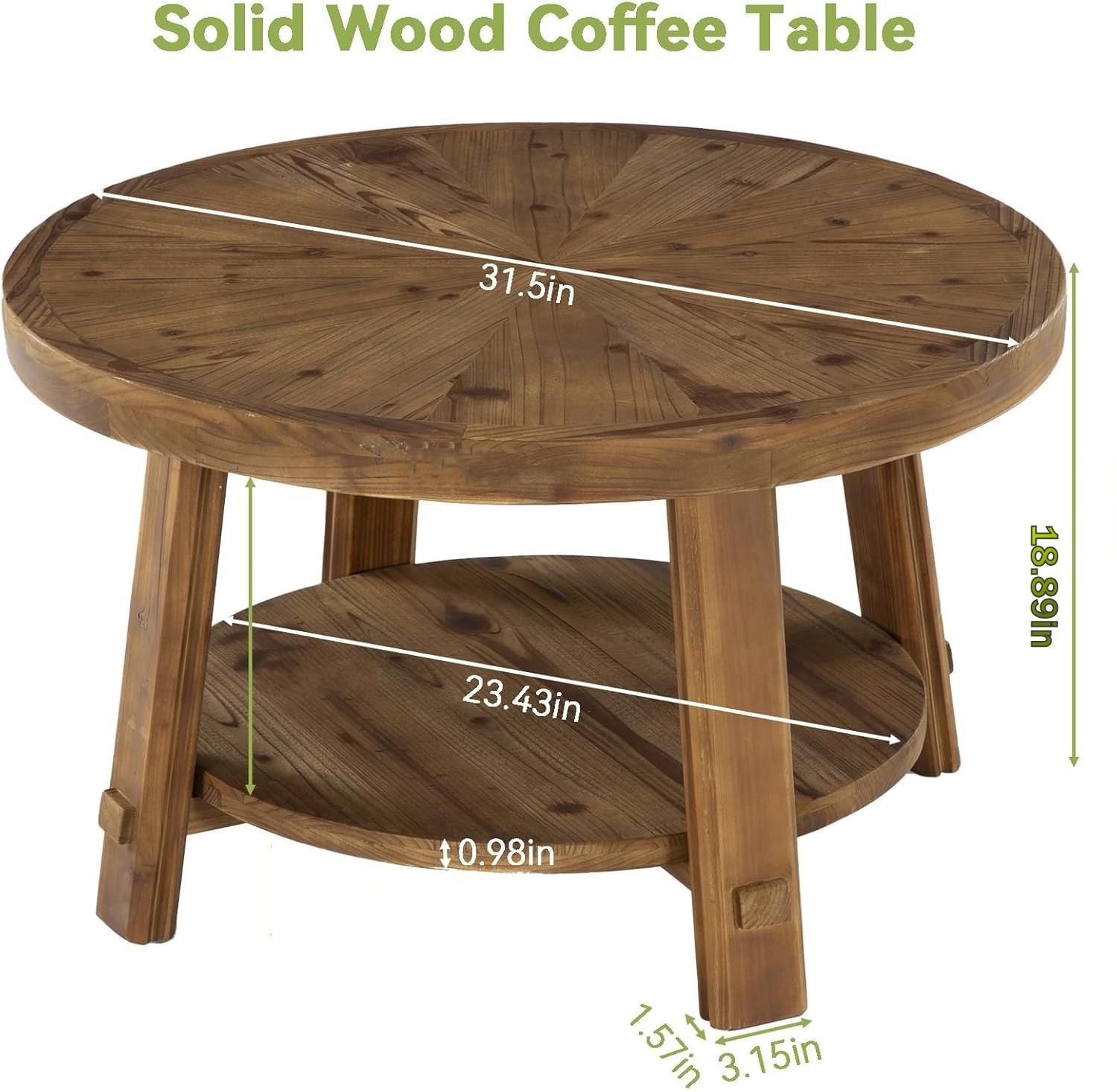 Solid Wood Round Coffee Table, 2-Tier Farmhouse Center Table for Living Room