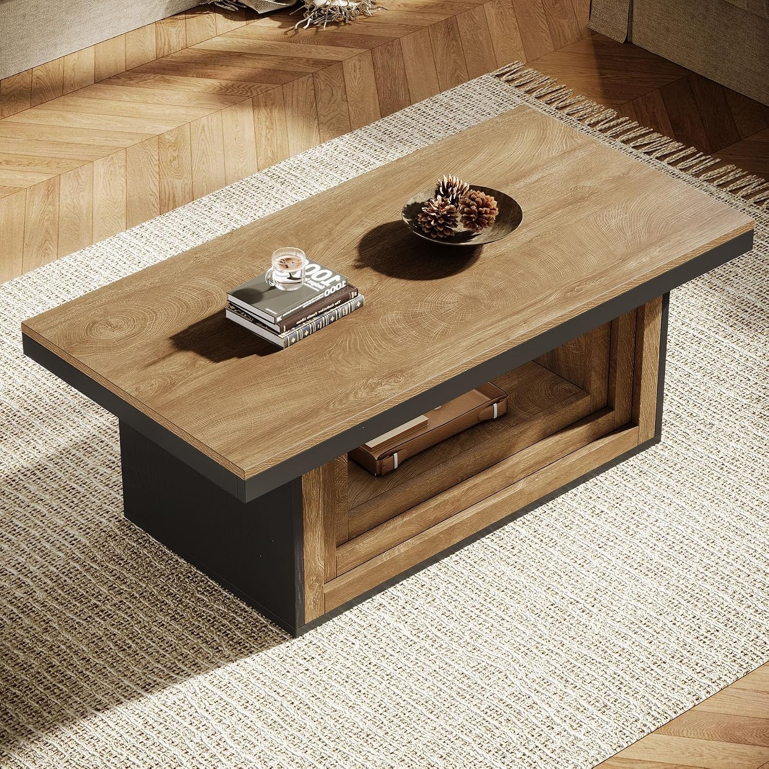 Rectangular Open Storage Coffee Table 120cm Rustic Ribbed Center Table w/ Shelf