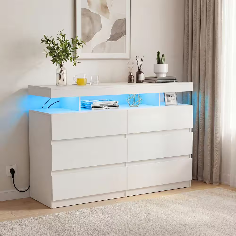 6-Drawer White Dresser, 32 In. H X 47 In. W X 15 In. D Double Dresser with Power